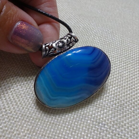 Gorgeous BLUE BOTSWANA AGATE Handmade Sterling 925 Pendant/Cord #257C - Picture 1 of 3